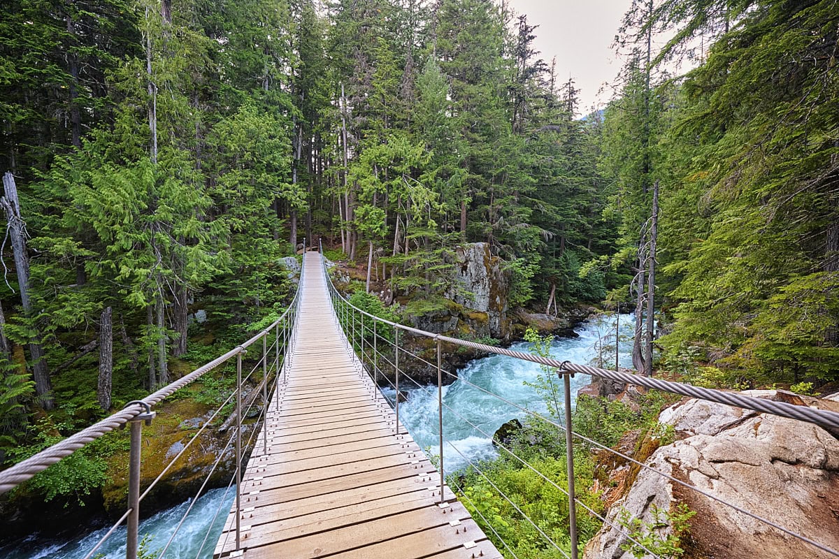 Suspension Bridge over Cheakamus River near Whistler Train Wrecks, British Columbia, Canada