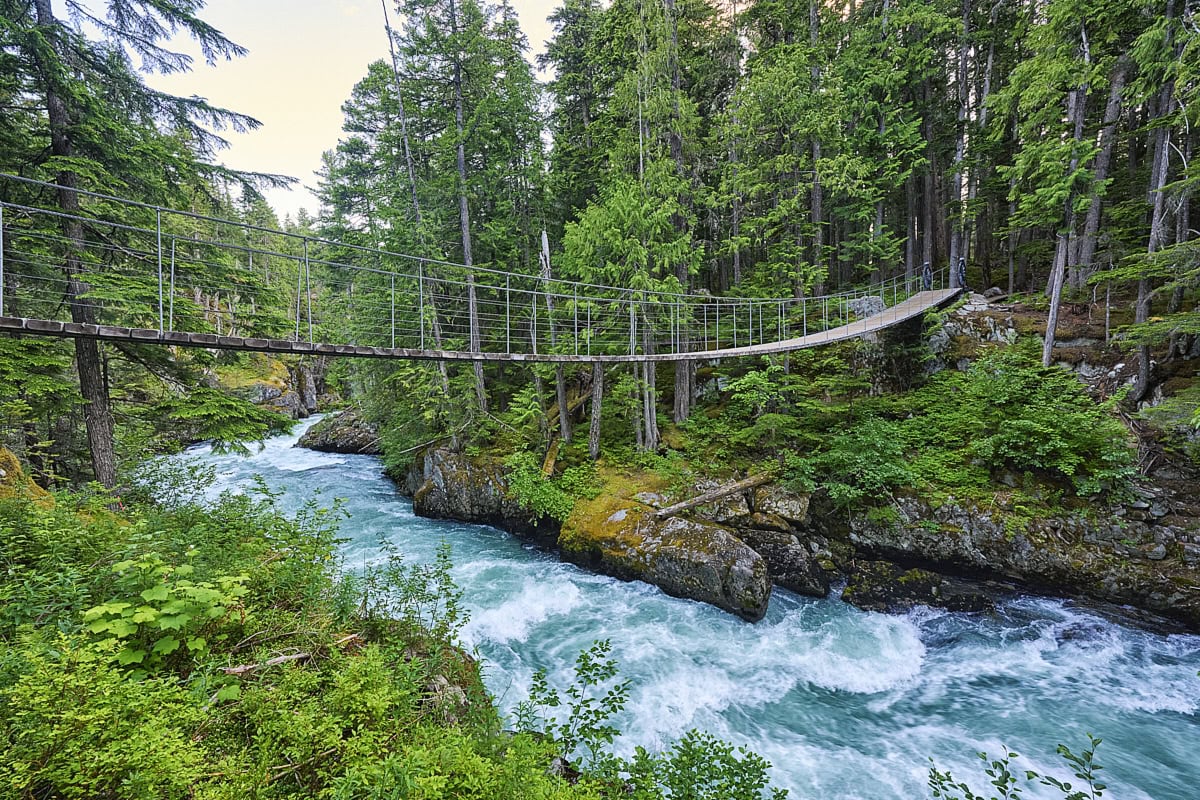 Suspension Bridge over Cheakamus River near Whistler Train Wrecks, British Columbia, Canada