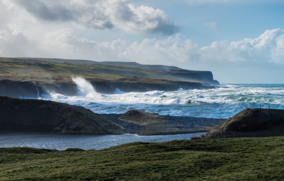 View from Doolin pier to Cliffs of Moher in a winter storm, Co. Clare, Ireland