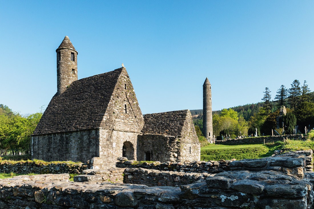 St Kevin's Kitchen and Round Tower at Glendalough Monastic City in the Wicklow Mountains, Co. Wicklow, Ireland